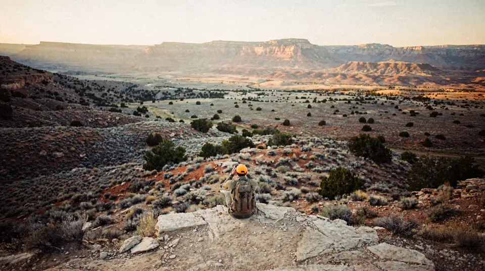 A hunter seen from behind glassing a wide valley from a ridge at dawn
