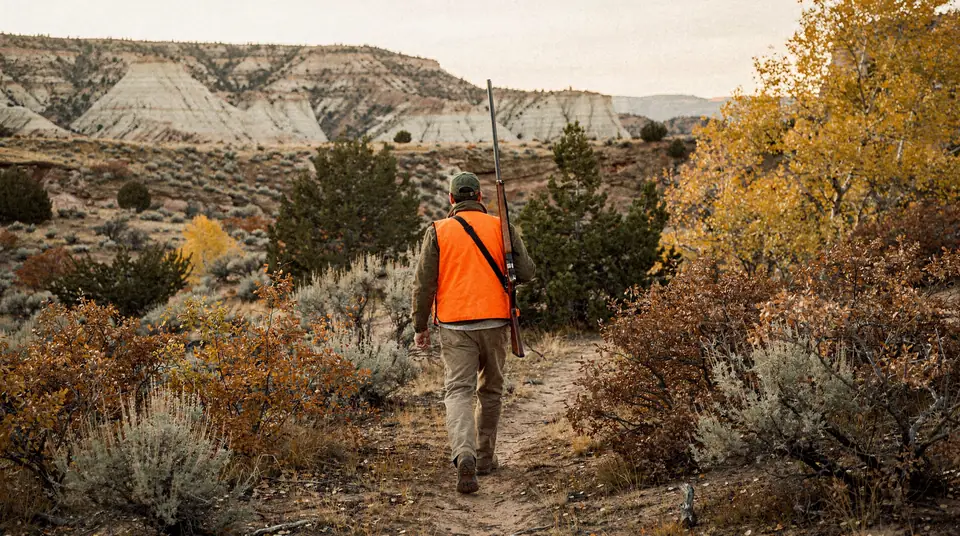 A hunter seen from behind with a muzzleloader on the shoulder on an autumn hillside
