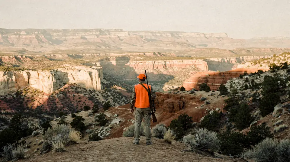 A hunter seen from behind with a slung rifle on a high ridge